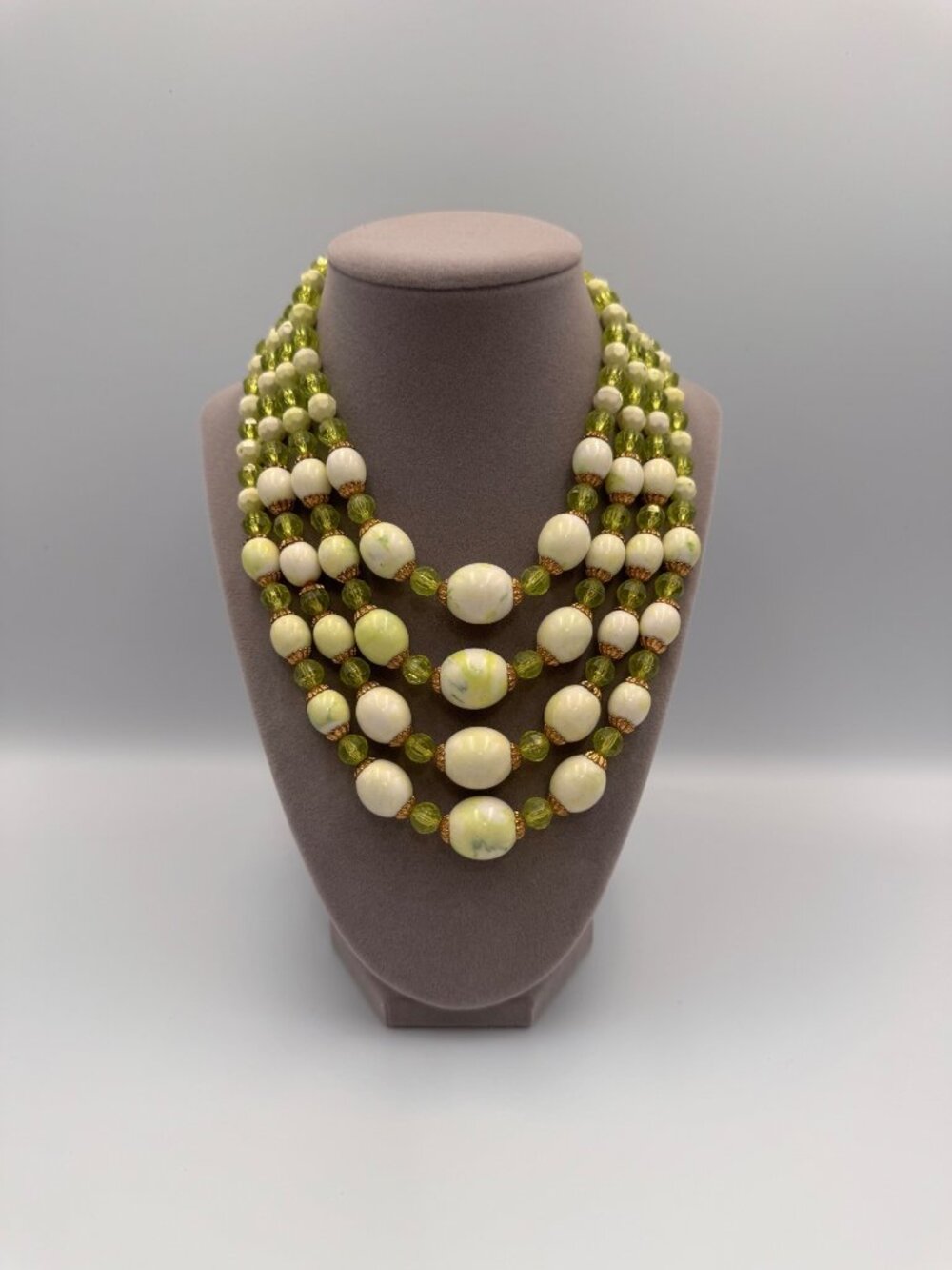 Vintage Style 4 Strand Green White Marbled Bead Statement Necklace
